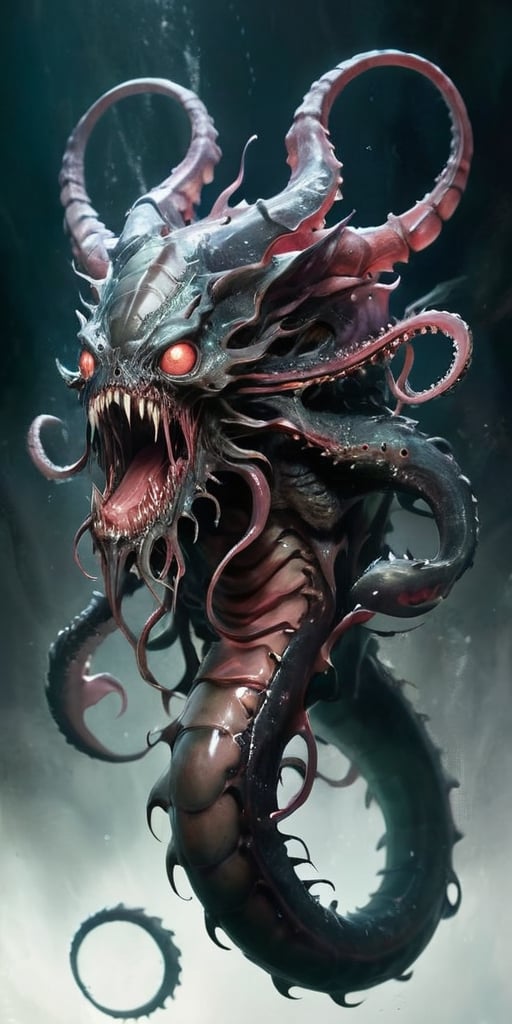 The Abyssal Devourer In the depths of a forgotten abyss, a monstrous entity lurks. It possesses a serpentine body that undulates sinuously, covered in slimy, translucent flesh. Its many eyes glow with a malevolent intelligence, and its gaping maw is lined with rows of needle-like teeth. Tentacles, each tipped with a bony barb, writhe around its form, ready to ensnare any who draw near.
