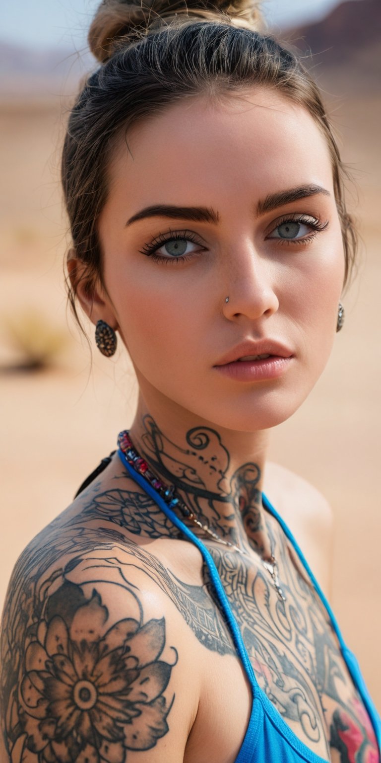 A close-up portrait of a woman with a stoic expression and piercing blue eyes. Her skin is adorned with intricate tattoos that swirl around her neck and arm. The background is a cracked desert landscape.
