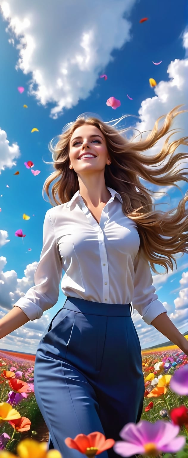 detailed intricate image of a beautiful woman walking in a field of colorful flowers, wide-angle viewed from below, epic sky background, smile, long flowy hair blowing in the wind, flower petals blowing in the wind, 8kUHD,  ultradetailed ultrarealistic face, sharp focus on face, bokeh, john singer Sargent style 