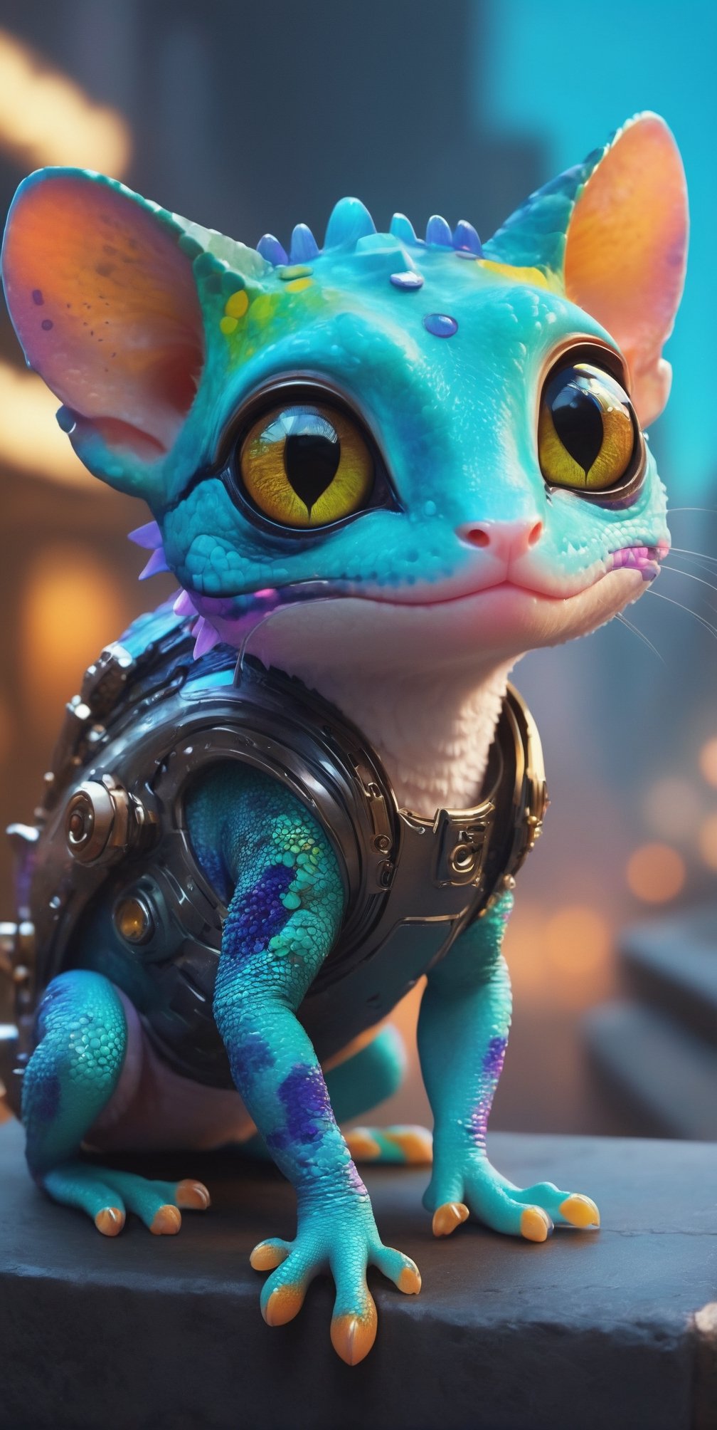 (best quality,8K,highres,masterpiece), ultra-detailed, (character design, creature design, concept art), cute gecko with big eyes and chameleon-skin, featuring adorable cat paws. The whimsical combination of features results in a charming and imaginative portrayal of this fantastical creature.,cyberpunk style