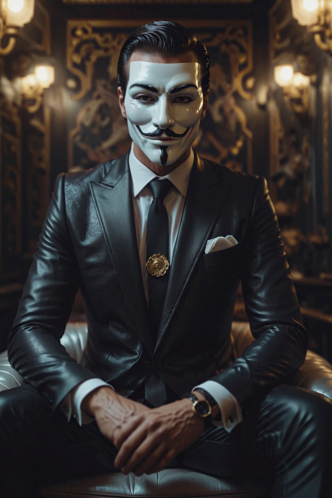 masterpiece, excellent quality, 8k, photo realistic man with anonymous mask, thriller style, modern black and white Versace suit, sitting, photorealistic, highly detailed, photo blurry, intricate, incredibly detailed, super detailed, gangster texture, detailed, crazy, lights suffused and shadows