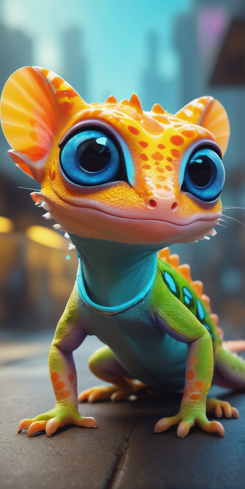 (best quality,8K,highres,masterpiece), ultra-detailed, (character design, creature design, concept art), cute gecko with big eyes and chameleon-skin, featuring adorable cat paws. The whimsical combination of features results in a charming and imaginative portrayal of this fantastical creature.,cyberpunk style