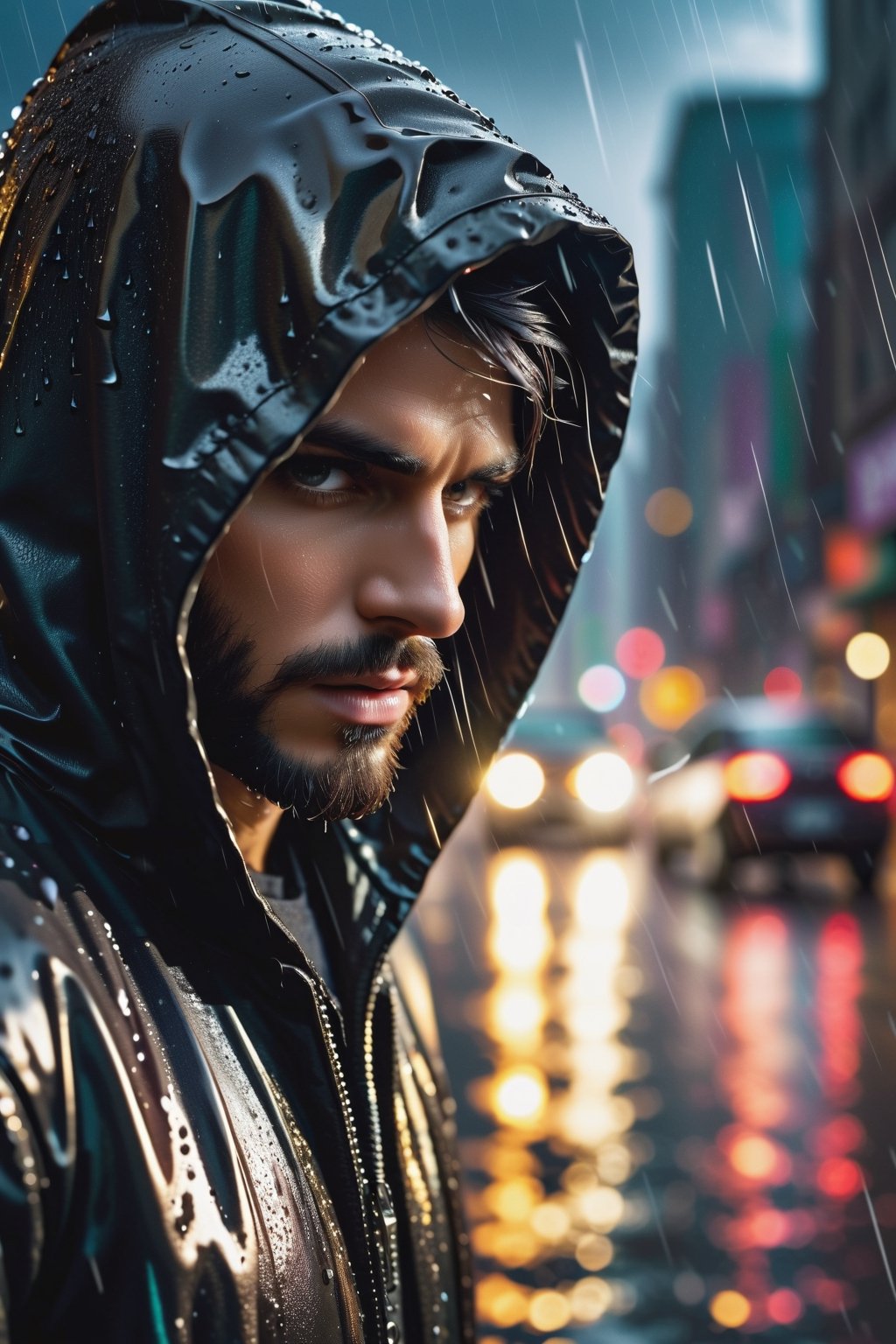 masterpiece, best quality, 8k, photo of a hooded man, rain background, obscured face, detailed photorealistic, highly detailed, blurry photo, intricate, incredibly detailed, super detailed, detailed wet texture, crazy detail, clothing, in an apocalyptic city of rain,