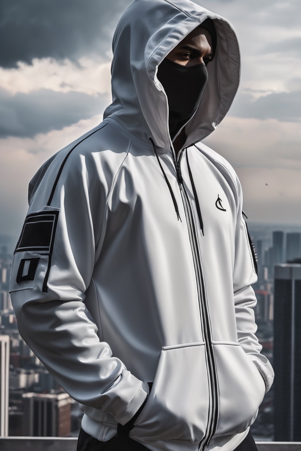 armed man, sports suit with hood, obscured face, stormy sky, city, photorealistic, thriller theme, smoke, high resolution photo, 4k, full detailed, Portrait, realistic, chloting white
