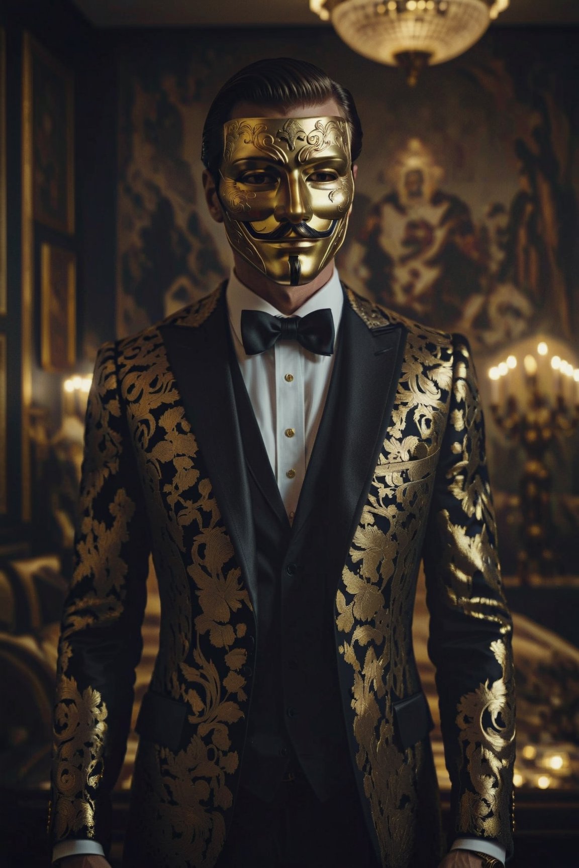 masterpiece, excellent quality, 8k, photo realistic man in golden mask anonymous, thriller style, modern black and white gucci suit, armed, photorealistic, highly detailed, photo blurry, intricate, incredibly detailed, super detailed, gangster plot, detailed, crazy, soft lights and shadows