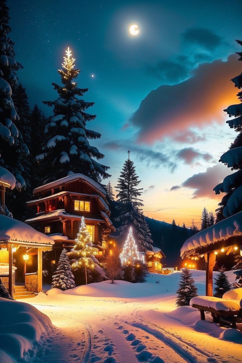 realistic and detailed, charming fairytale village, snowy decorated trees, street lamps benches, frozen lake, warm and inviting cabin, ultra sharp digital oil painting, snowflakes, mountains with waterfall, distant full moon with soft light, glitter, stars, stardust, hyper realistic, well rendered, detailed, vibrant sky, electric blues and purples in the style of Thomas Kinkade, lights and shadows for a wonderful scene,FFIXBG,Holy light,yofukashi background
