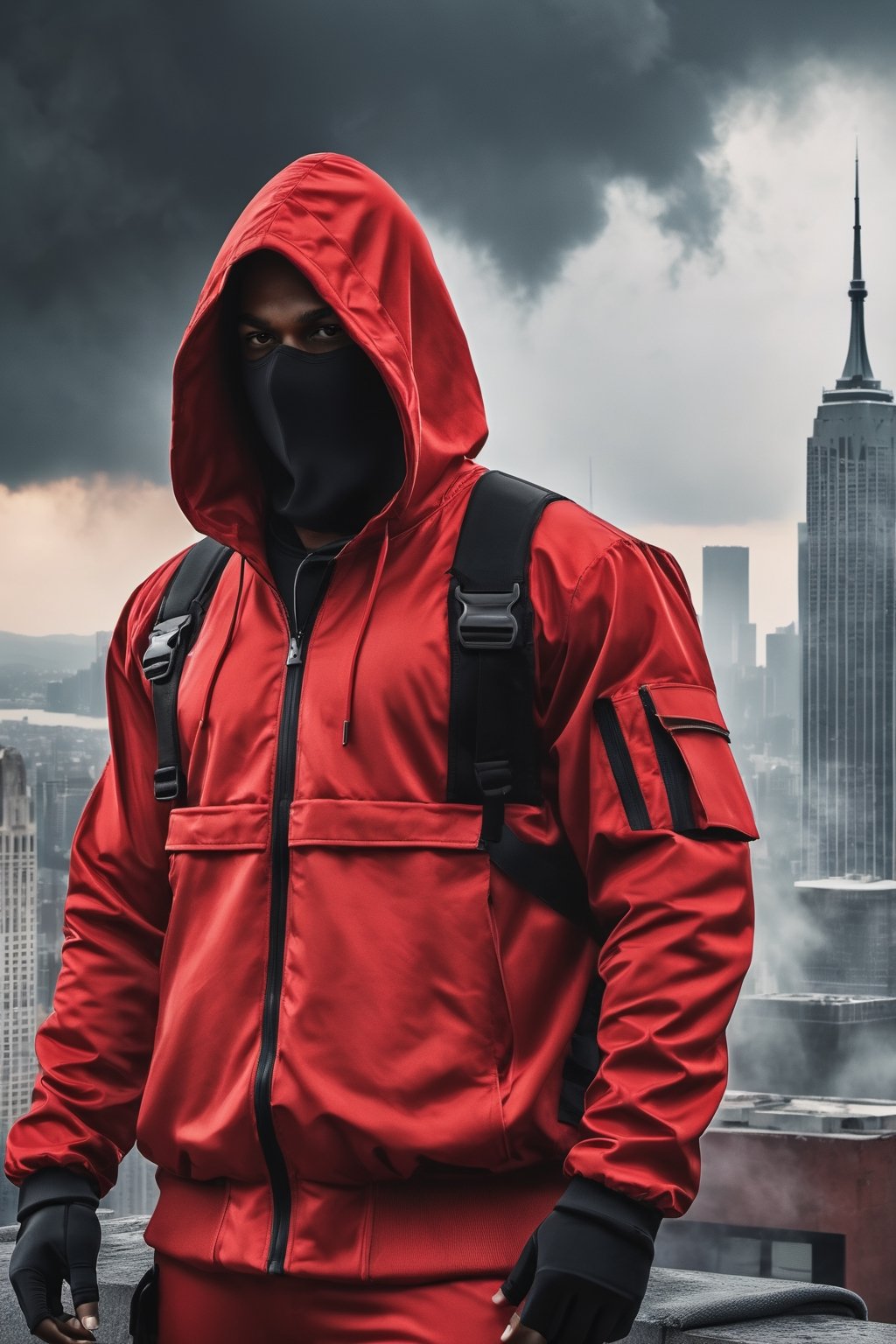 armed man, sports suit with hood, obscured face, stormy sky, city, photorealistic, thriller theme, smoke, high resolution photo, 4k, full detailed, Portrait, realistic, chloting red