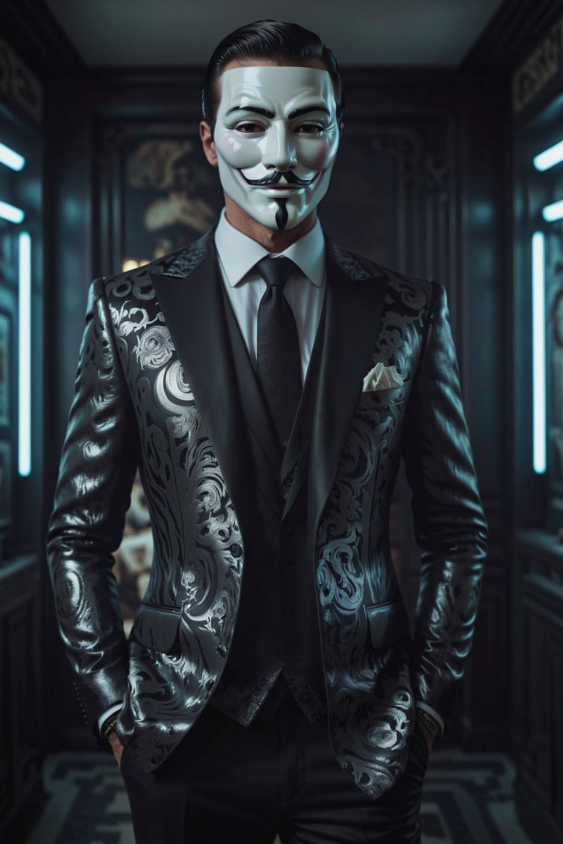 masterpiece, excellent quality, 8k, photo realistic man with anonymous mask, thriller style, modern black and white Versace suit, armed, photorealistic, highly detailed, photo blurry, intricate, incredibly detailed, super detailed, gangster plot, detailed, crazy, lights suffused and shadows