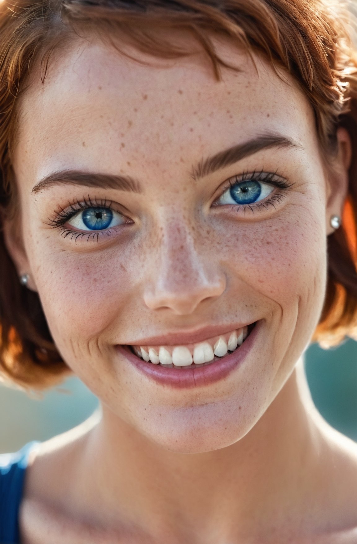 beautiful lady, (freckles), big smile, blue eyes, short hair, dark makeup, hyperdetailed photography, soft light, head and shoulders portrait, cover,DonMD3m0nXL 