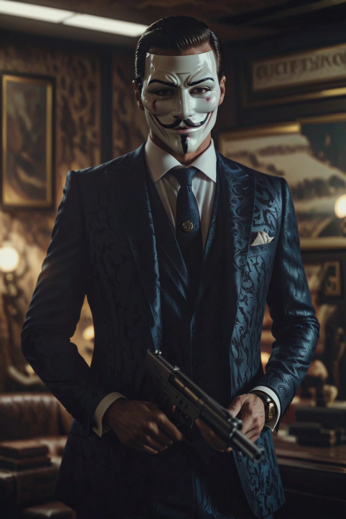 masterpiece, excellent quality, 8k, photo realistic man with anonymous mask, thriller style, aggressive pose, modern black and white Gucci suit, armed gun, photorealistic, highly detailed, blurry photo, intricate, incredibly detailed, super detailed, gangster texture, detailed , crazy, soft lights and shadows
