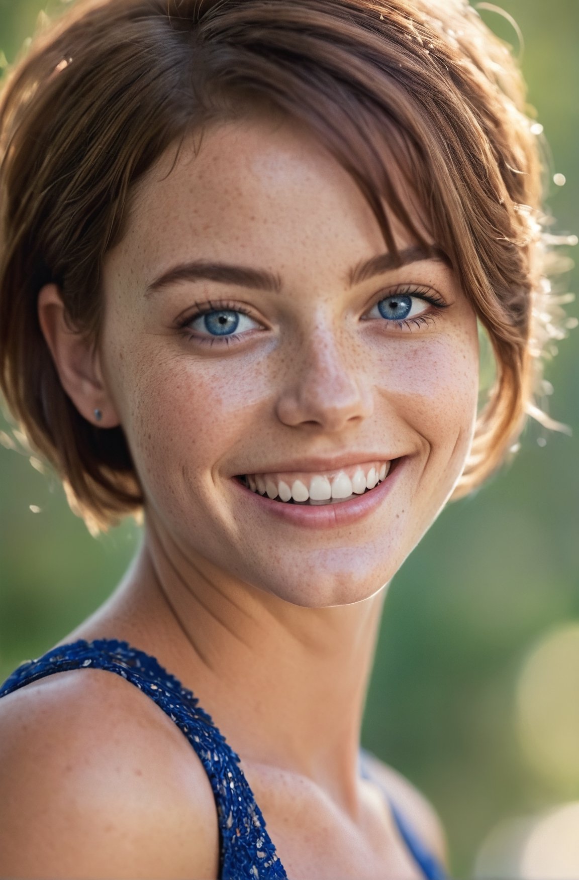 beautiful lady, (freckles), big smile, blue eyes, short hair, dark makeup, hyperdetailed photography, soft light, head and shoulders portrait, cover,DonMD3m0nXL 