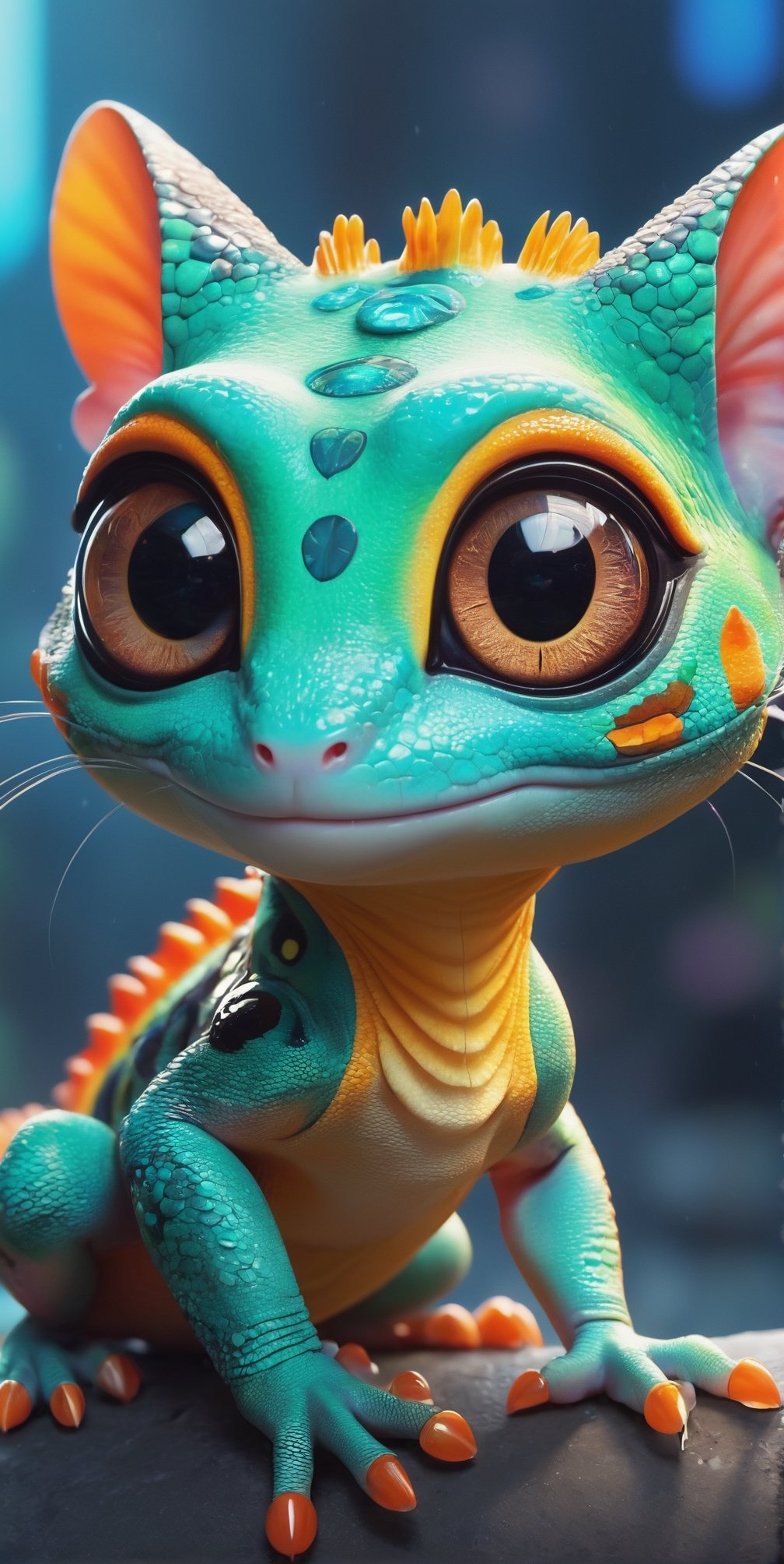 (best quality,8K,highres,masterpiece), ultra-detailed, (character design, creature design, concept art), cute gecko with big eyes and chameleon-skin, featuring adorable cat paws. The whimsical combination of features results in a charming and imaginative portrayal of this fantastical creature.,cyberpunk style