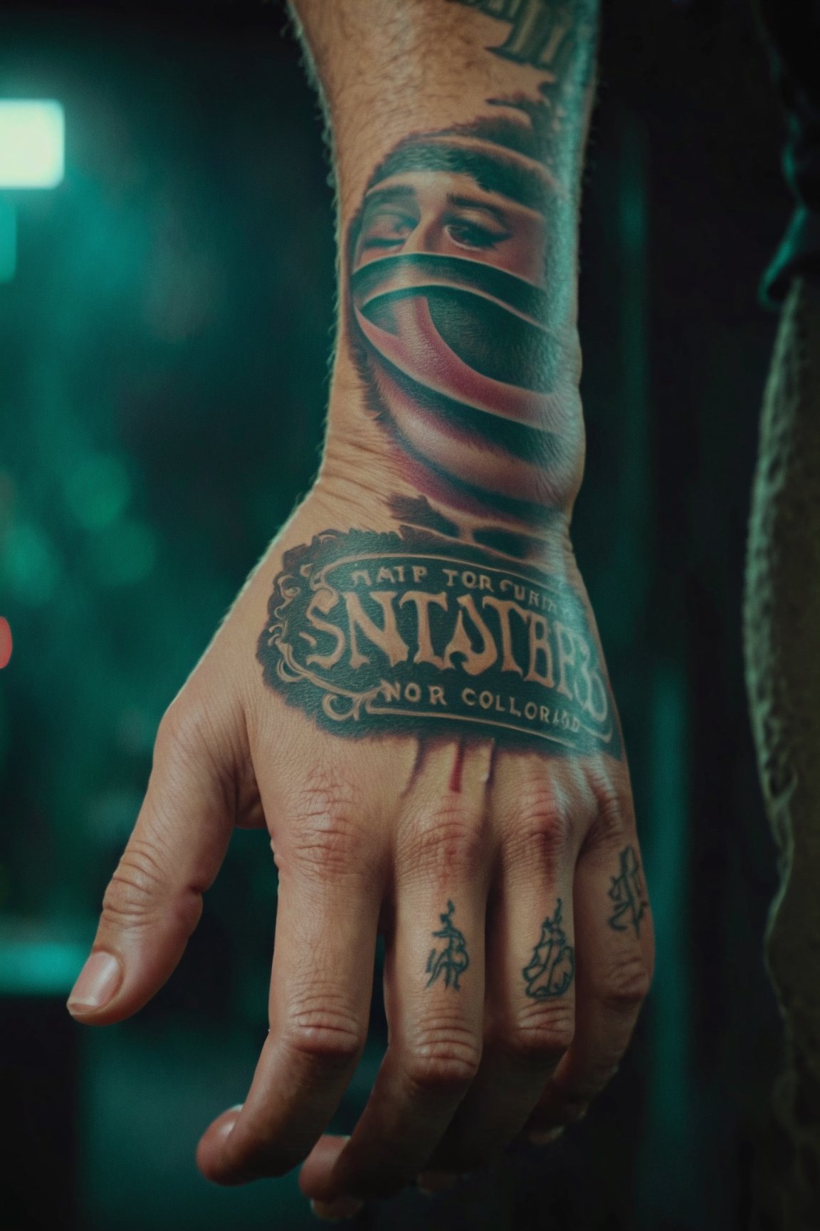 masterpiece, excellent quality, 8k, realistic and detailed hand, with tattoos text, rapper style, photorealistic, highly detailed, photo blurry, intricate, incredibly detailed, super detailed, gangster texture, detailed, crazy, soft lighting and shadows