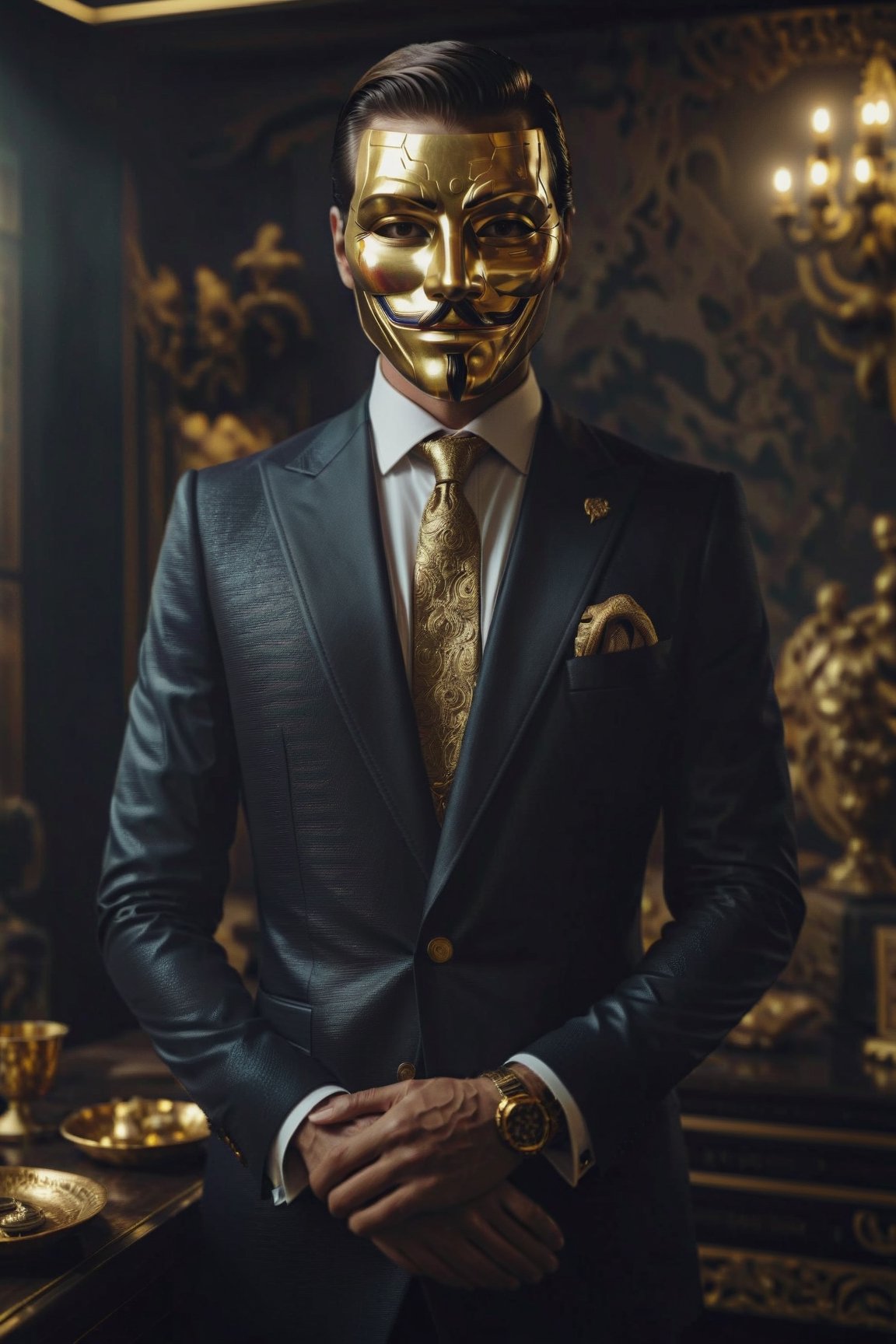 masterpiece, excellent quality, 8k, photo realistic man with golden mask anonymous, thriller style, modern black and white gucci suit, rich man, photorealistic gold objects, highly detailed, blurry photo, intricate, incredibly detailed, super detailed, gangster plot , detailed, crazy, soft lights and shadows