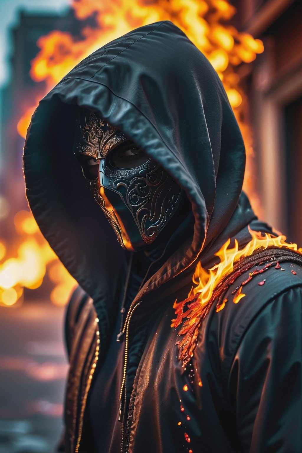 masterpiece, best quality, 8k, photo of a hooded man, fiery background, obscured face, detailed photorealistic, highly detailed, blurry photo, intricate, incredibly detailed, super detailed, detailed texture, crazy detail, clothing, in an apocalyptic city of fire