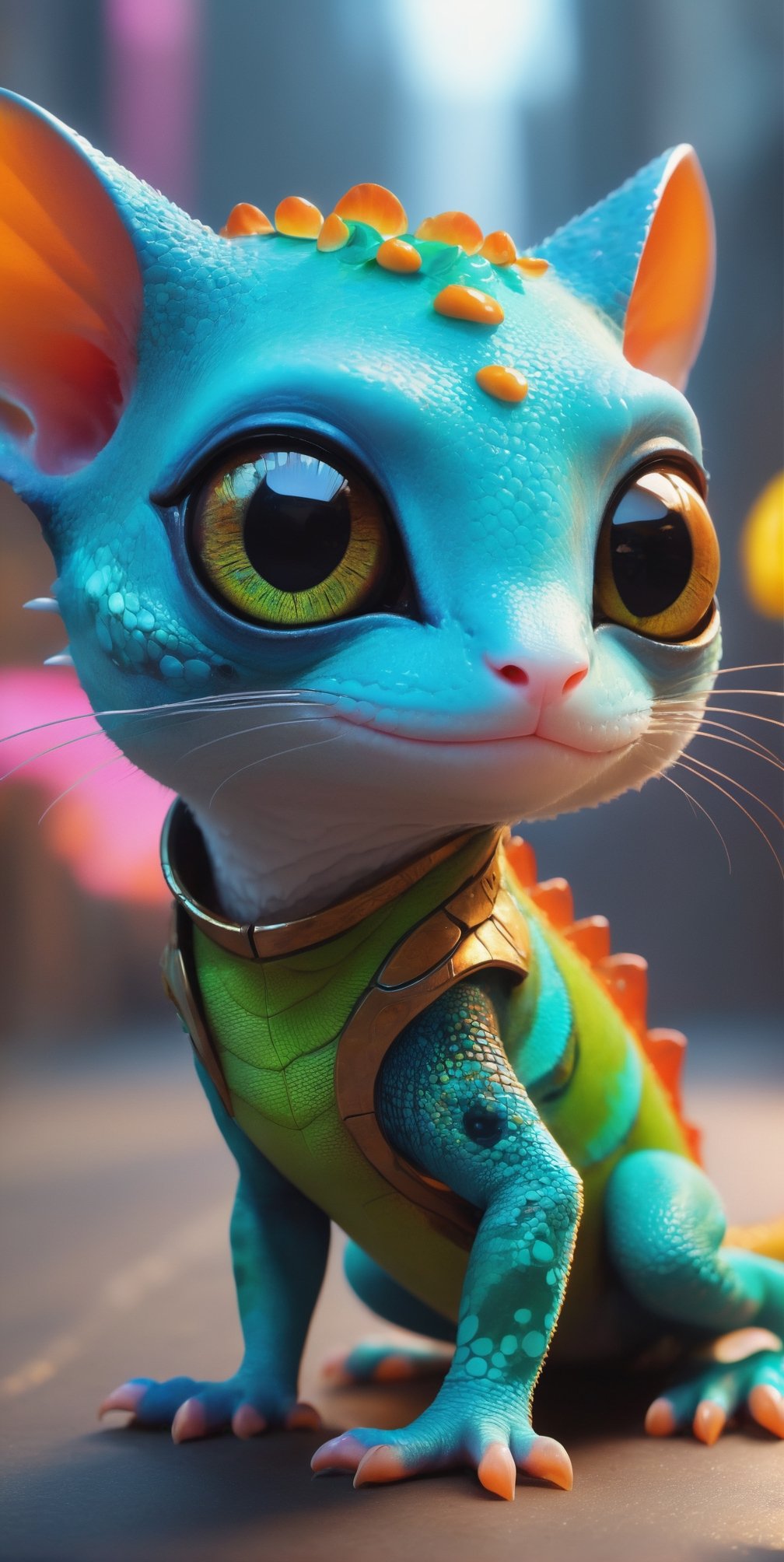 (best quality,8K,highres,masterpiece), ultra-detailed, (character design, creature design, concept art), cute gecko with big eyes and chameleon-skin, featuring adorable cat paws. The whimsical combination of features results in a charming and imaginative portrayal of this fantastical creature.,cyberpunk style