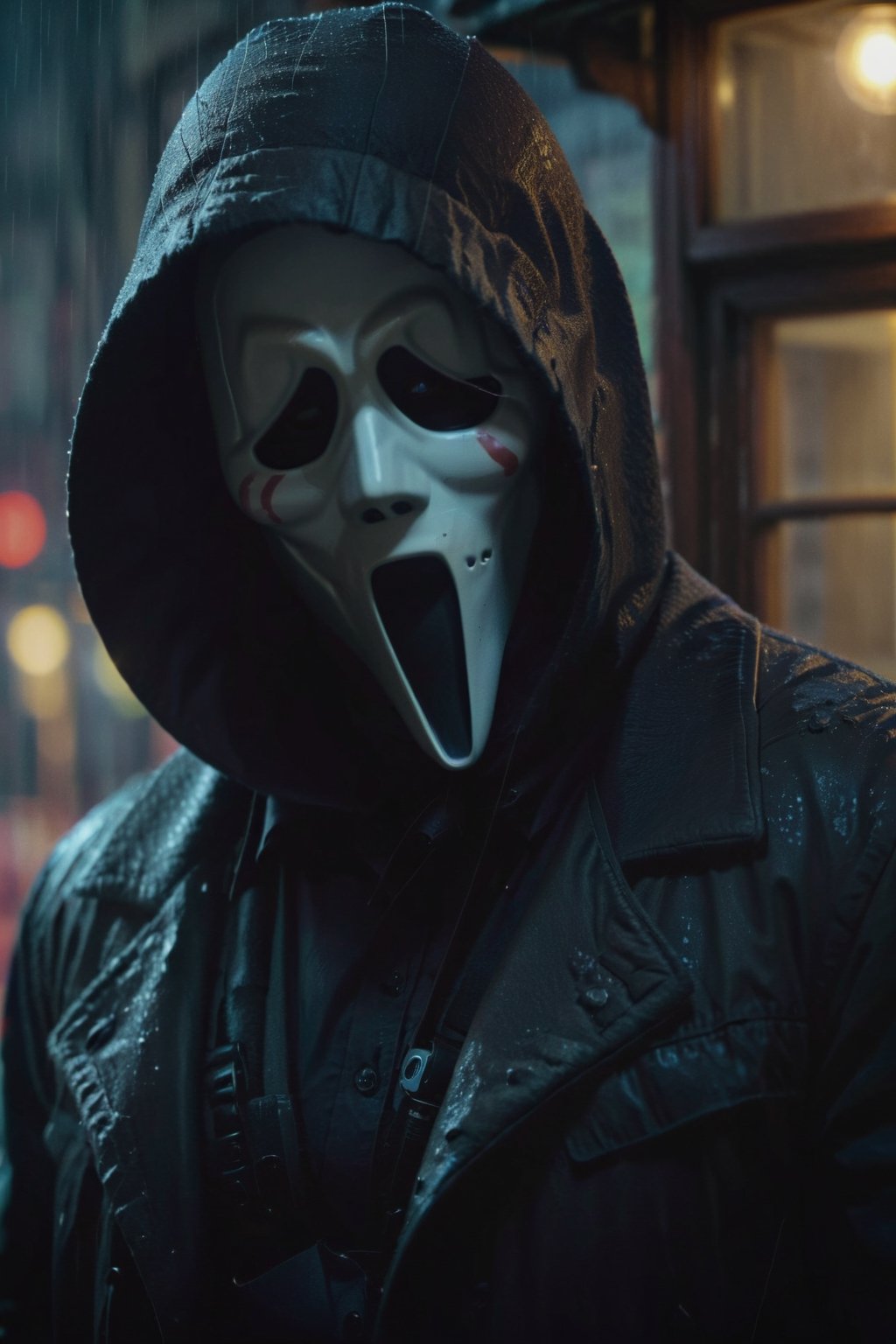 masterpiece, excellent quality, 8k, photo realistic man with anonymous mask, thriller style, photorealistic, highly detailed, blurry photo, intricate, incredibly detailed, super detailed, gangster texture, detailed, crazy, soft lights and shadows,ghostface mask