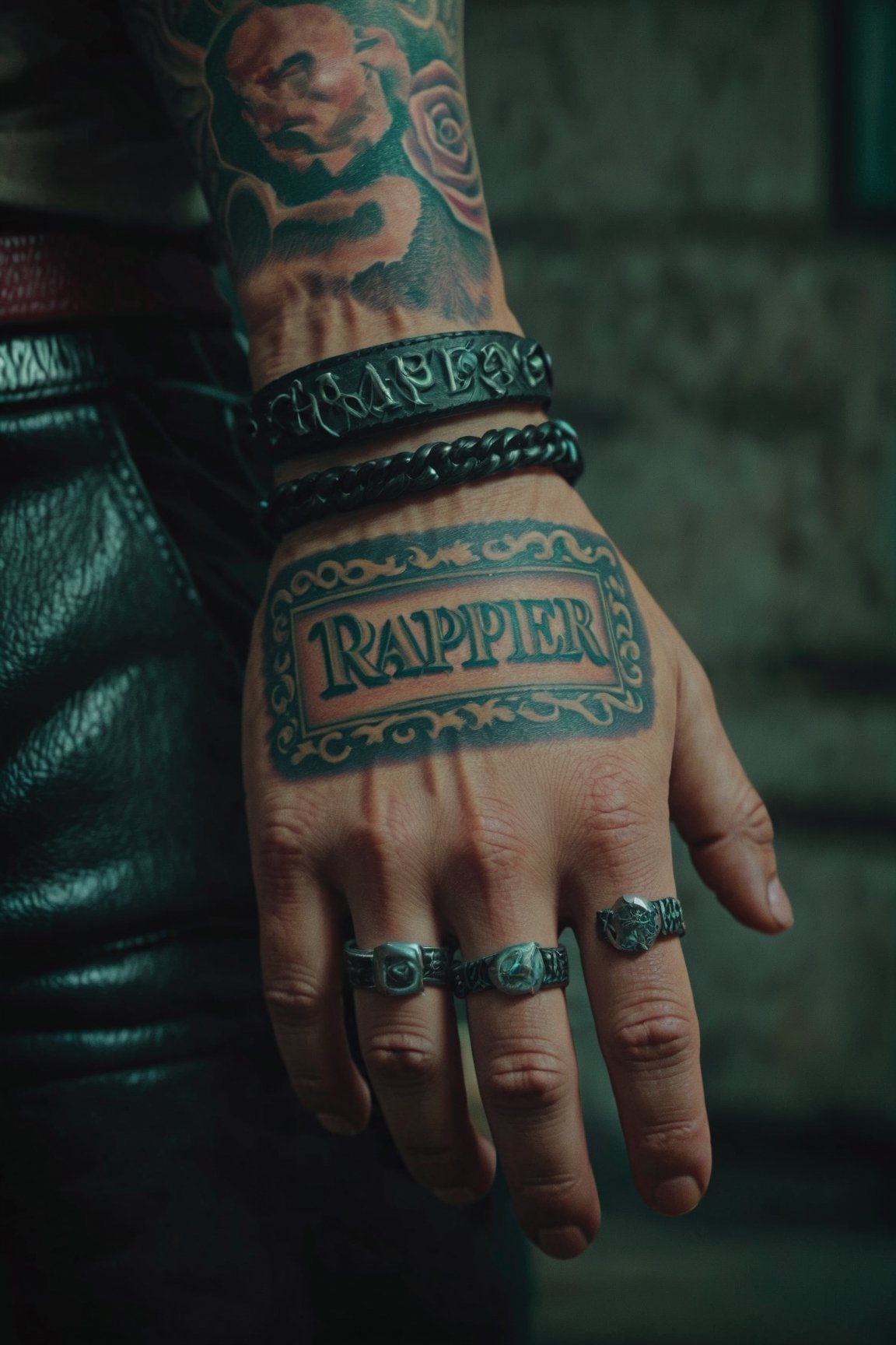 masterpiece, excellent quality, 8k, realistic and detailed hand, with tattoos text, rapper style, photorealistic, highly detailed, photo blurry, intricate, incredibly detailed, super detailed, gangster texture, detailed, crazy, soft lighting and shadows