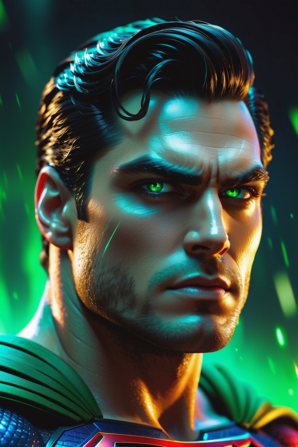 The Dark superman with black Evil Light eyes and lighting green thunder Dc , scary, Classic Academia, Flexography, ultra wide-angle, Game engine rendering, Grainy, Collage, analogous colors, Meatcore, infrared lighting, Super detailed, photorealistic, food photography, Cycles render, 4k,  laugh, Leonardo style ,cinematic  moviemaker style, armed 