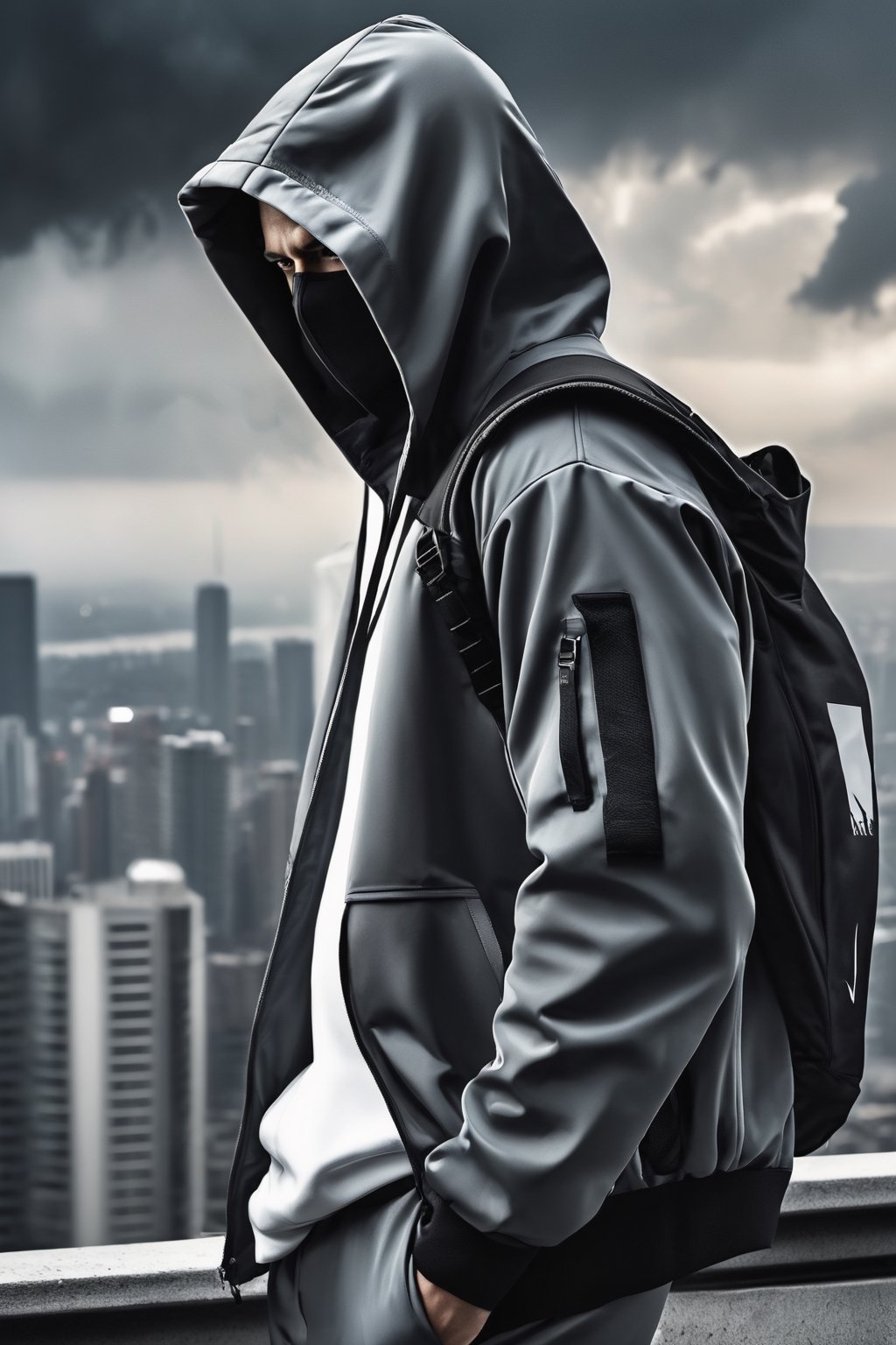 armed man, sports suit with hood, obscured face, stormy sky, city, photorealistic, thriller theme, smoke, high resolution photo, 4k, full detailed, Portrait, realistic, chloting white