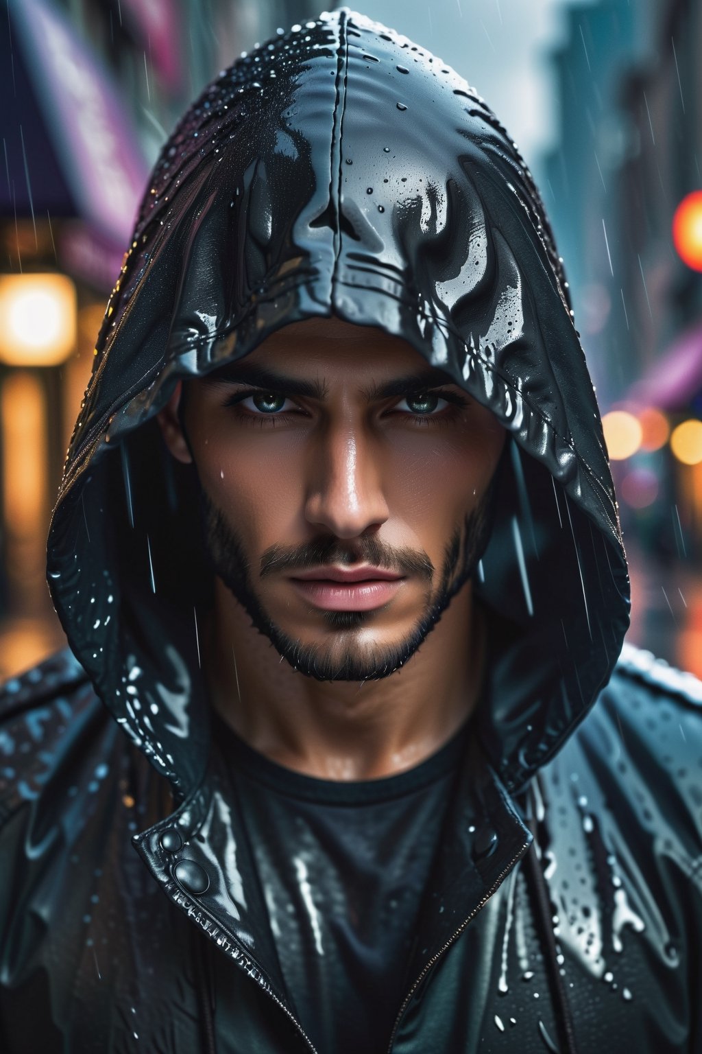 masterpiece, best quality, 8k, photo of a hooded man, rain background, obscured face, detailed photorealistic, highly detailed, blurry photo, intricate, incredibly detailed, super detailed, detailed wet texture, crazy detail, clothing, in an apocalyptic city of rain,