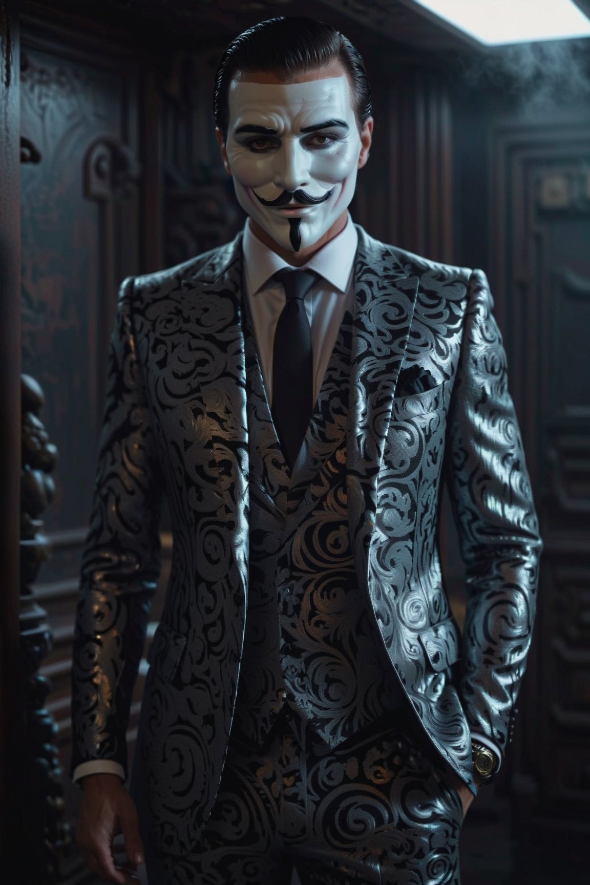 masterpiece, excellent quality, 8k, photo realistic man with anonymous mask, thriller style, modern black and white Versace suit, armed, photorealistic, highly detailed, photo blurry, intricate, incredibly detailed, super detailed, gangster plot, detailed, crazy, lights suffused and shadows