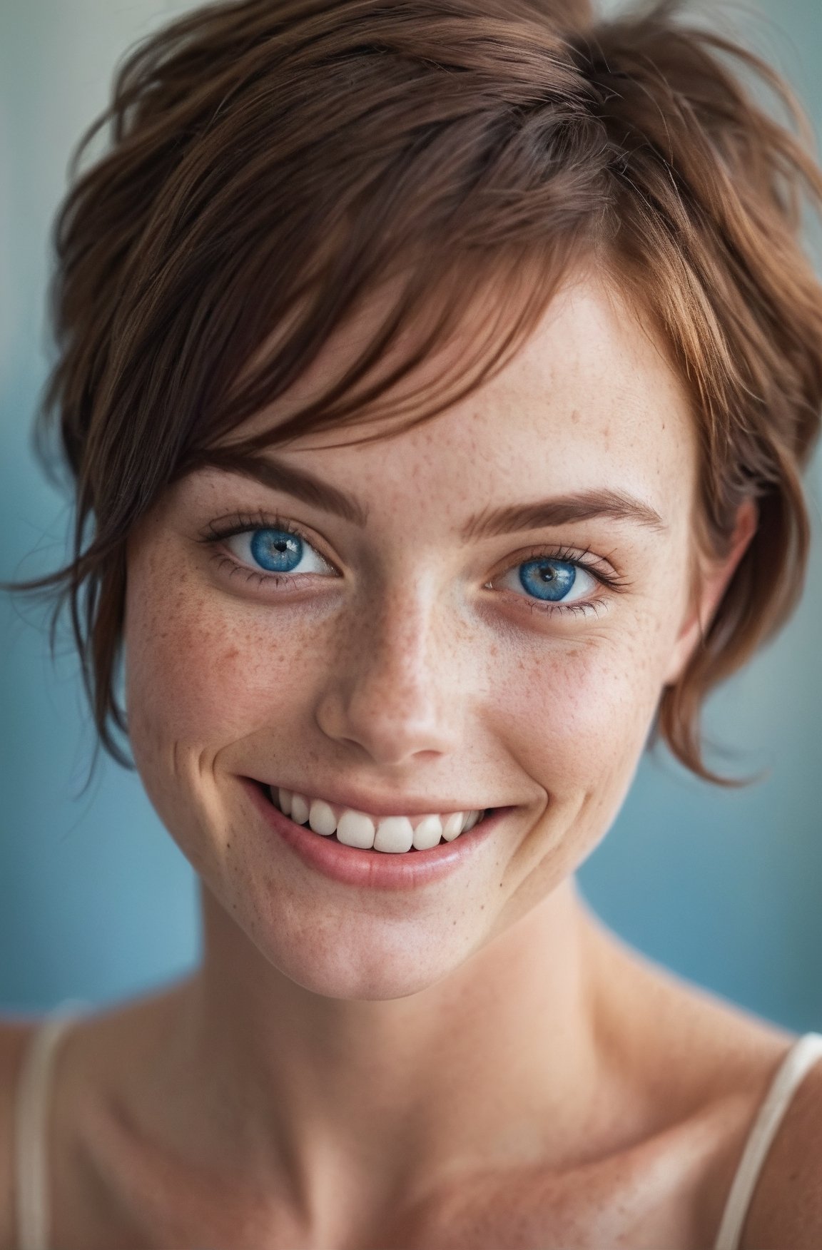beautiful lady, (freckles), big smile, blue eyes, short hair, dark makeup, hyperdetailed photography, soft light, head and shoulders portrait, cover,DonMD3m0nXL 