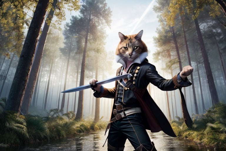 cat, turkish, anthropomorphic, in fighting pose, like rashid, athletic body, white fur, golden eyes, with pirate clothes like jack sparrow, with a sword, in the forest, rainy, with magical particles and butterflies,spidergwen