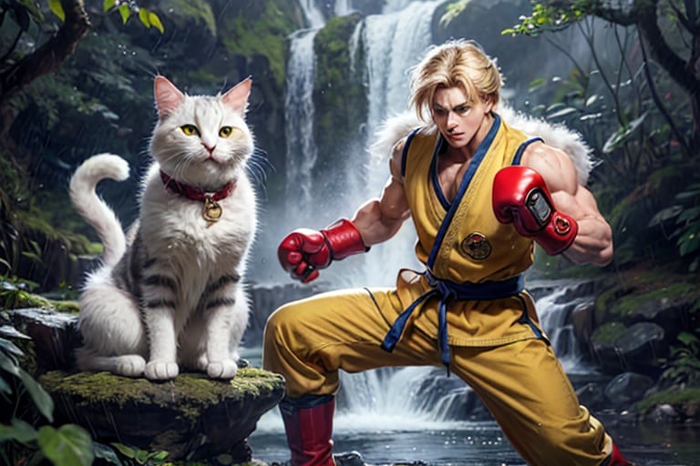 cat anthropomorphic, in fighting pose,,street fighter, athletic body, white fur, golden eyes, with  clothes like ken masters , majestich waterfalls in lushforest, rainy,