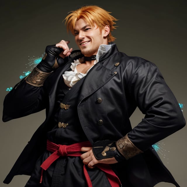 1 man, karate  pose, Highres, best quality, extremely detailed,  ,muscule body , one side parted disheveled curly  red hair, Ken from street fighter 4, streetfighter,street_fighter,SF2 Ken , green eyes, sorcer, magic, magic particles, smile, :D, with pirate  hat, clothing red and black  clothes,