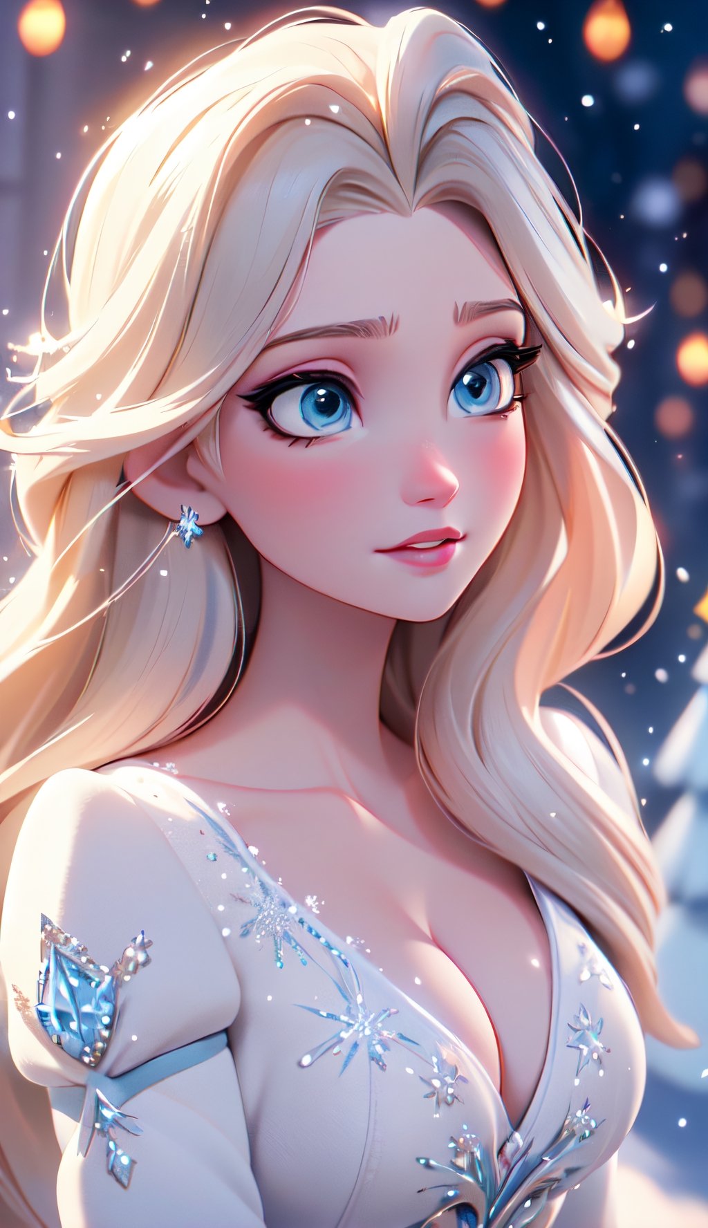 close up of face, Elsa from Frozen, (best quality, masterpiece, ultra detailed, highres, RAW image), perfect facial features, pale skin, blushing, blonde, long tousled hair, perfect eyes, perfect proportions, prestigeous, delicate, romantic, Elizabethan woman, winter christmas clothes, cleavage, romanticism, hirao style, snowy Christmas village in far background, snow field, pine trees, mountains, sunlight from above to give heavenly feeling, glitter, (falling snow), snowflakes, realistic.