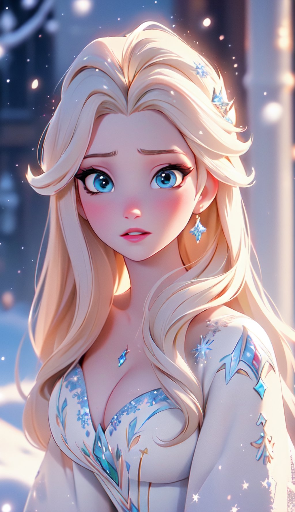 close up of face, Elsa from Frozen, (best quality, masterpiece, ultra detailed, highres, RAW image), perfect facial features, pale skin, blushing, blonde, long tousled hair, perfect eyes, perfect proportions, prestigeous, delicate, romantic, Elizabethan woman, winter christmas clothes, cleavage, romanticism, hirao style, snowy Christmas village in far background, snow field, pine trees, mountains, sunlight from above to give heavenly feeling, glitter, (falling snow), snowflakes, realistic.