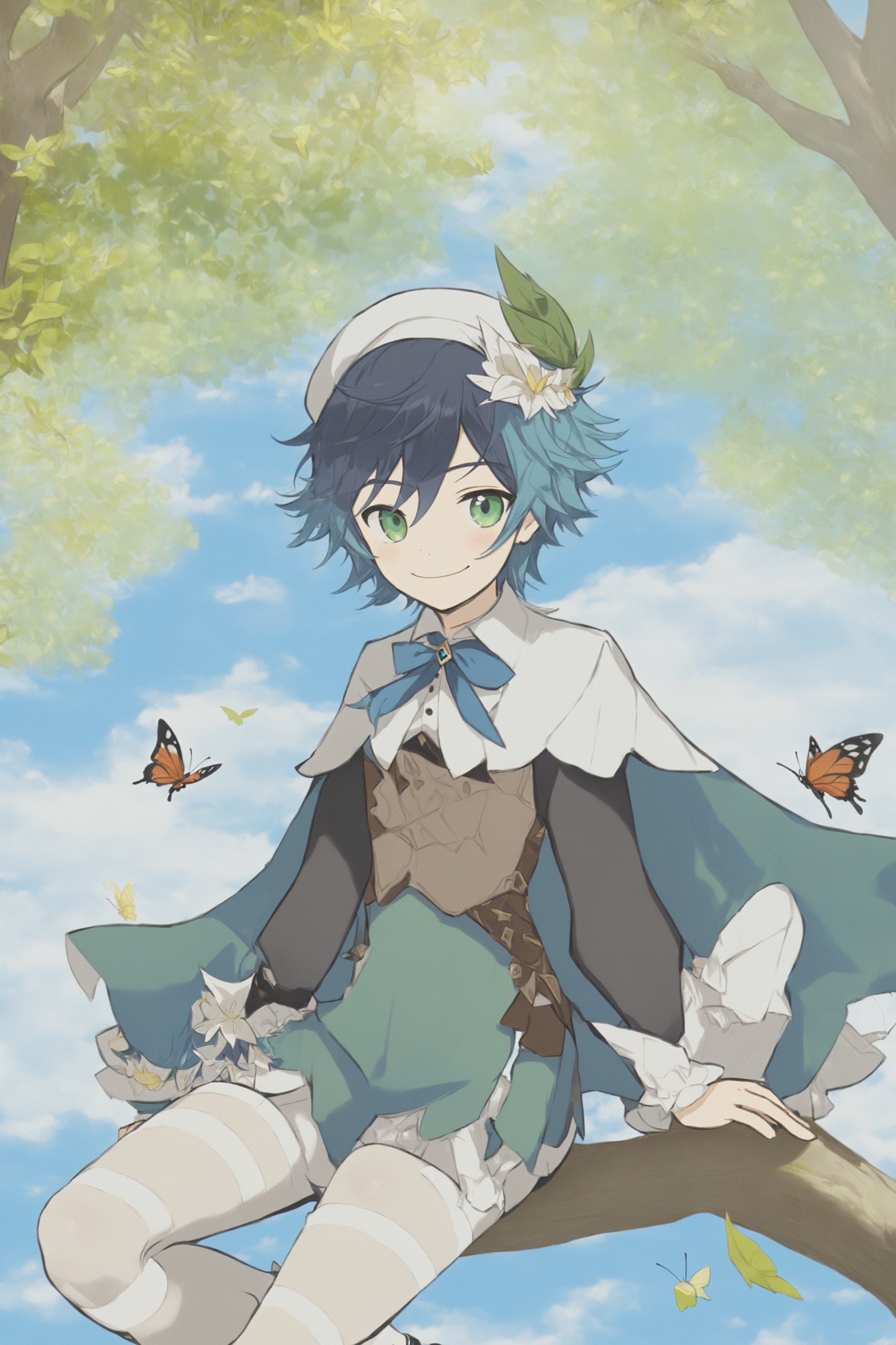 1boy, male focus, solo, hat, braid, green headwear, multicolored hair, gradient hair, butterfly, pantyhose, long sleeves, outdoors, bug, blue hair, black hair, leaf, bangs, bow, twin braids, cape, green eyes, frilled sleeves, shorts, beret, sitting, sky, day, green shorts, tree, smile, flower, shirt, cloud, white shirt, green cape, white flower, frills, short hair with long locks, white pantyhose, collared cape, corset, closed mouth, side braids, argyle, cloudy sky, jewelry, in tree, argyle legwear, collared shirt, vision \(genshin impact\), sidelocks, looking at viewer, sitting in tree, blue sky, androgynous, gem