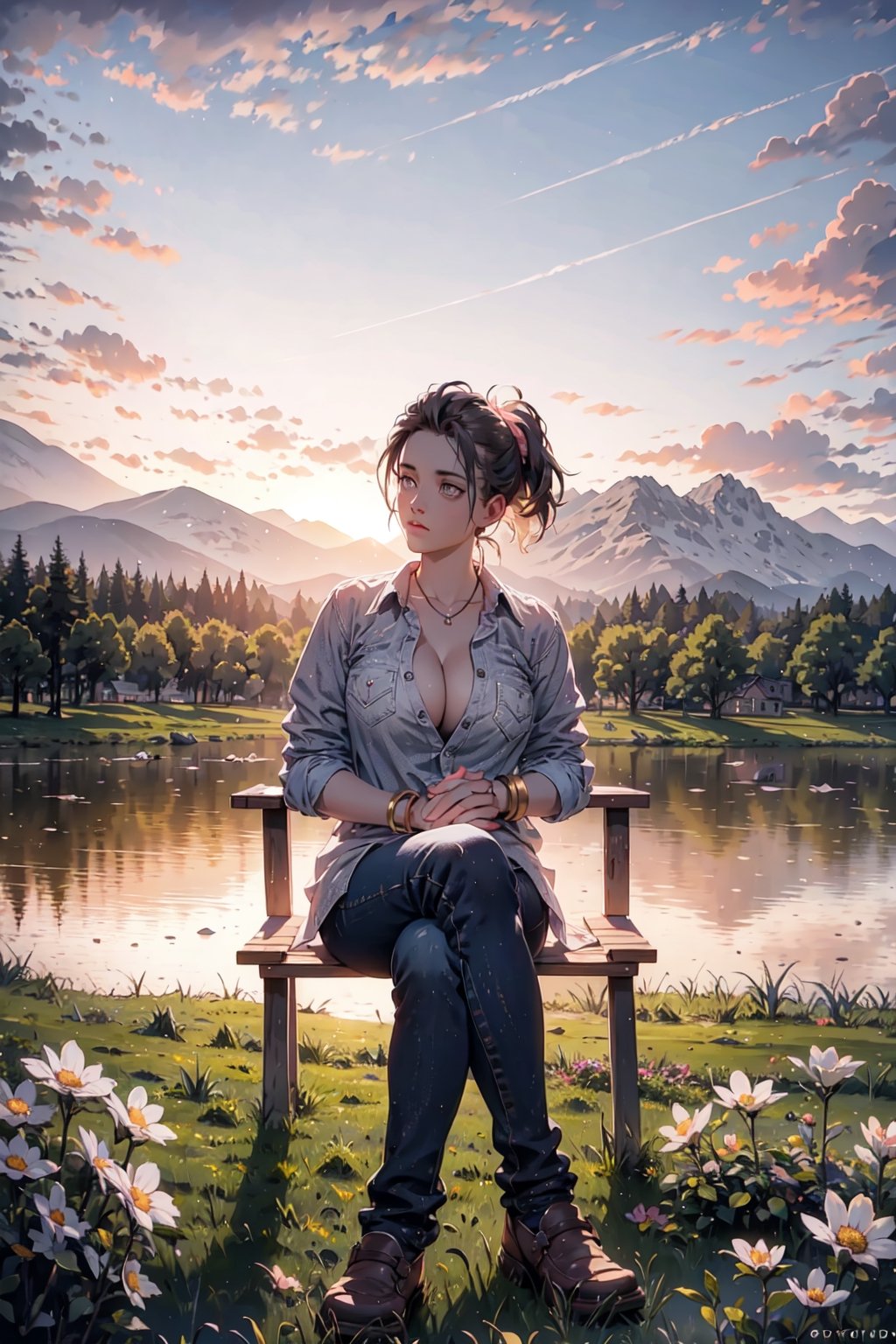 cute girl full body, sit on sky, (realistic, photo-Realistic:1.3), best quality, masterpiece, beautiful and aesthetic, 16K, (HDR:1.4), pink tone, Gray bracelet, deep V white shirt, shirt unbuttoned, Digital art, ominous, golden ratio, trending on cgsociety, intricate, ultra high quality model
