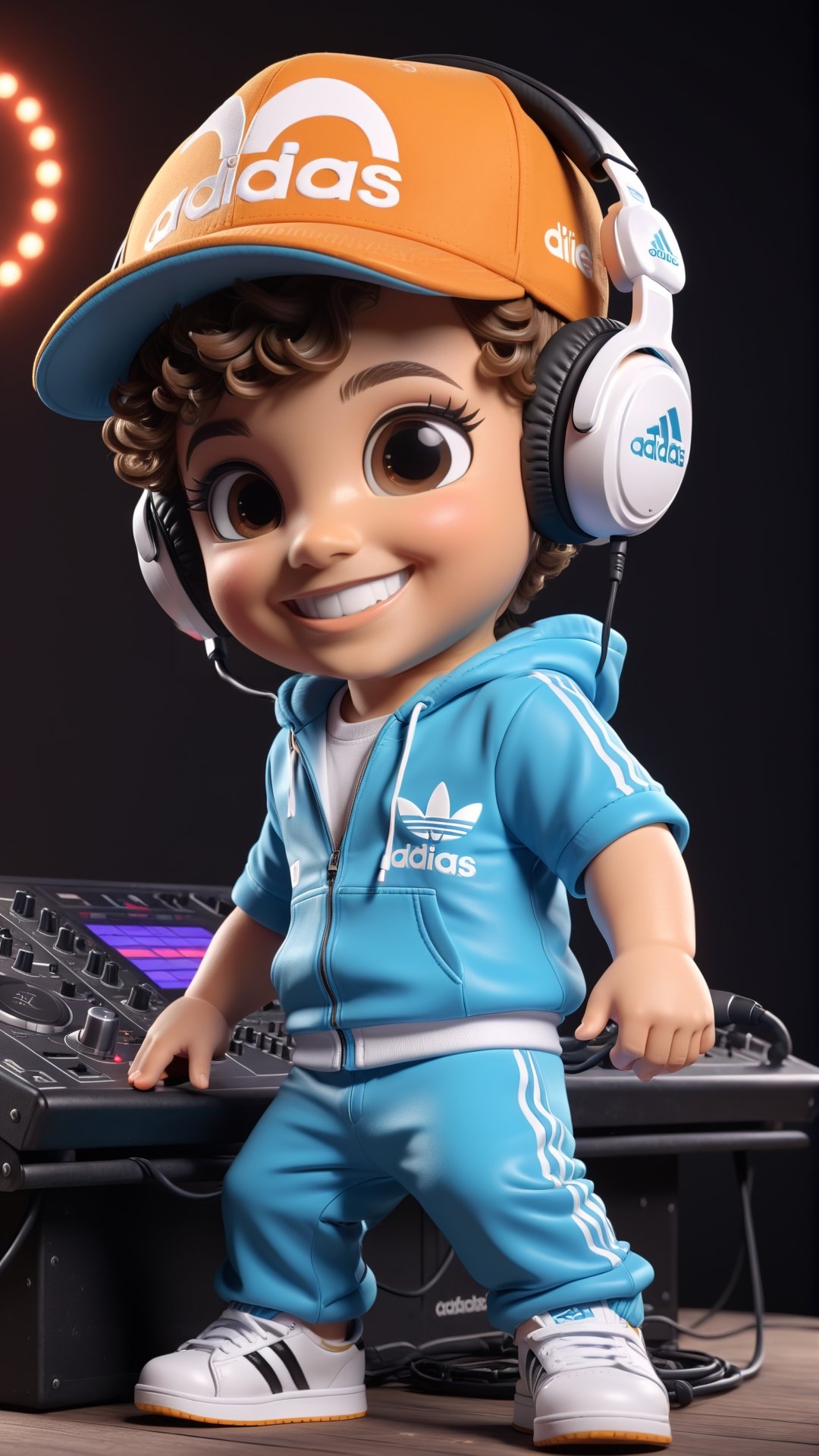 (((Dewey Decibel text logo))),  dancing and DJing, 3d figure,  1 boy,  brown curly hair, light brown/hazel eyes, piercings,((backwards hat)), adidas jump suit outfit,  cute smile,  famous DJ,  very popular,  passionate, bad ass, dressed retro/furutistic,  Electronic music, (((short goatee))), ((headphones wrapped around neck)), looking retro and new wave,  DJing for a huge crowd,  everyone is looking at him,3d figure,text logo,pturbo