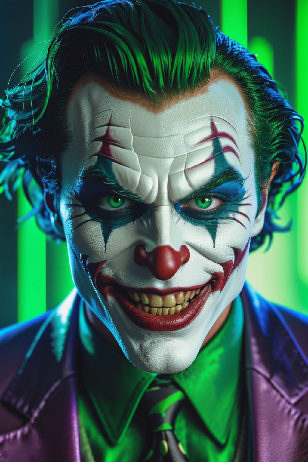 The Dark Joker with Green Evil Light eyes and lighting green thunder Dc , scary, Classic Academia, Flexography, ultra wide-angle, Game engine rendering, Grainy, Collage, analogous colors, Meatcore, infrared lighting, Super detailed, photorealistic, food photography, Cycles render, 4k, dance joke prank laugh,Leonardo style ,cinematic  moviemaker style