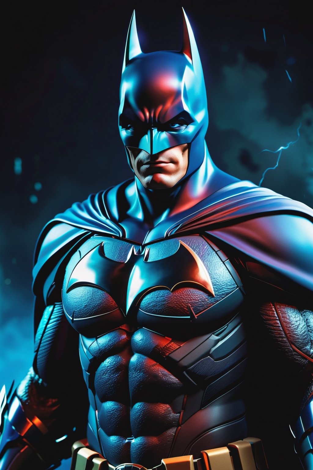 The Dark batman with black Evil Light eyes and lighting Blue thunder Dc , scary, Classic Academia, Flexography, ultra wide-angle, Game engine rendering, Grainy, Collage, analogous colors, Meatcore, infrared lighting, Super detailed, photorealistic, food photography, Cycles render, 4k,  laugh, Leonardo style ,cinematic  moviemaker style