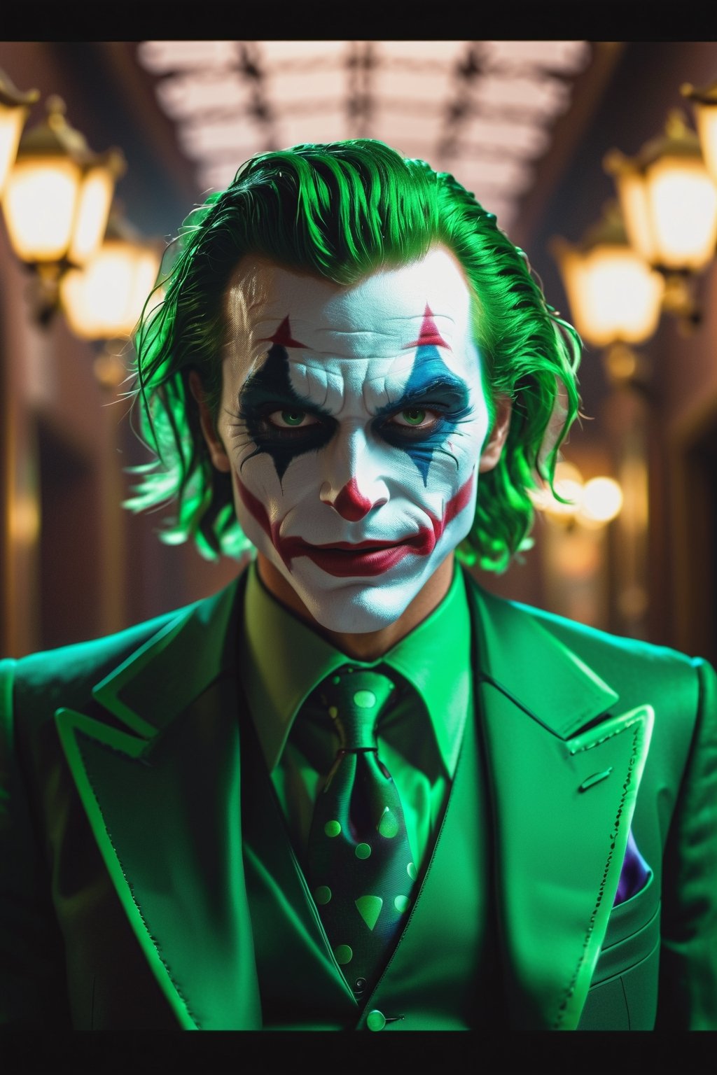 The Dark Joker with Green Evil Light eyes and lighting green thunder Dc , scary, Classic Academia, Flexography, ultra wide-angle, Game engine rendering, Grainy, Collage, analogous colors, Meatcore, infrared lighting, Super detailed, photorealistic, food photography, Cycles render, 4k, dance joke prank laugh,Leonardo style ,cinematic  moviemaker style