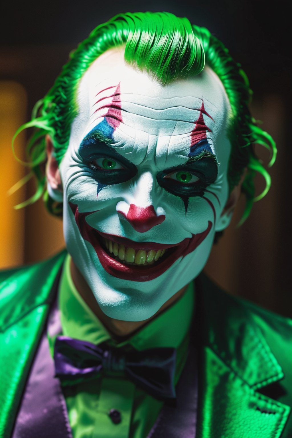 The Dark Joker with Green Evil Light eyes and lighting green thunder Dc , scary, Classic Academia, Flexography, ultra wide-angle, Game engine rendering, Grainy, Collage, analogous colors, Meatcore, infrared lighting, Super detailed, photorealistic, food photography, Cycles render, 4k, dance joke prank laugh,Leonardo style ,cinematic  moviemaker style