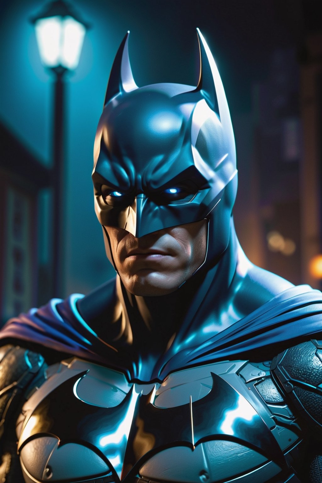 The Dark batman with black Evil Light eyes and lighting Blue thunder Dc , scary, Classic Academia, Flexography, ultra wide-angle, Game engine rendering, Grainy, Collage, analogous colors, Meatcore, infrared lighting, Super detailed, photorealistic, food photography, Cycles render, 4k,  laugh, Leonardo style ,cinematic  moviemaker style