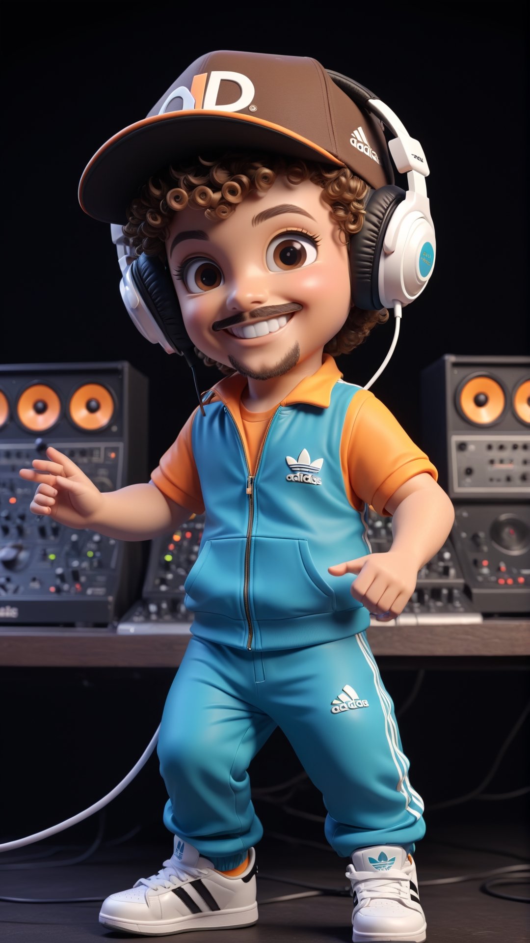 (((Dewey Decibel text logo))),  dancing and DJing, 3d figure,  1 boy,  brown curly hair, light brown/hazel eyes, piercings,((backwards hat)), adidas jump suit outfit,  cute smile,  famous DJ,  very popular,  passionate, bad ass, dressed retro/furutistic,  Electronic music, (((short goatee))), ((headphones wrapped around neck)), looking retro and new wave,  DJing for a huge crowd,  everyone is looking at him,3d figure,text logo,pturbo