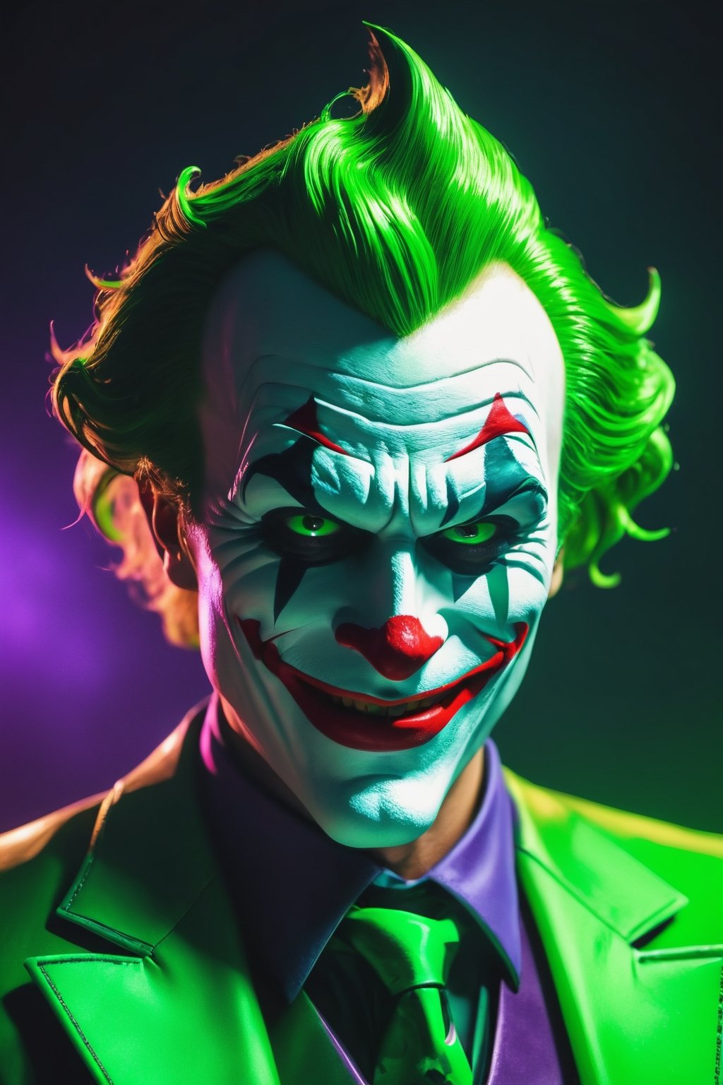 The Dark Joker with Green Evil Light eyes and lighting green thunder Dc , scary, Classic Academia, Flexography, ultra wide-angle, Game engine rendering, Grainy, Collage, analogous colors, Meatcore, infrared lighting, Super detailed, photorealistic, food photography, Cycles render, 4k, dance joke prank laugh,Leonardo style 