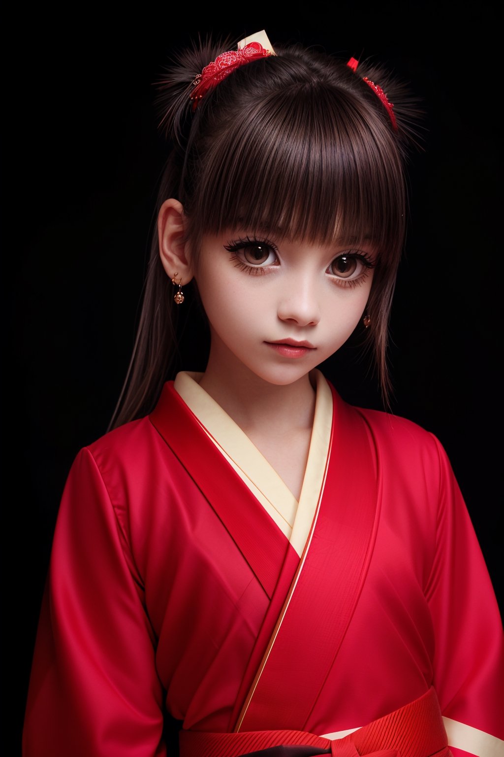 SFW, (masterpiece:1.3), extra resolution, looking at viewer, (distant short:1.1), portrait of beautiful (AIDA_LoRA_LauraB:1.06) in a red (kimono:1.3) dress posing for a picture on black background, adorable girl, pretty face, naughty, funny, happy, cinematic, composition, studio photo, kkw-ph1, hdr, f1.8, getty images, galaxy in her big eyes, big eyes with elegant eyelashes, open eyes, black background, simple background, isolated on black, skin like a tree bark, skin like a paper, in style of AIDA_NH_humans, by AIDA_NH_humans,AIDA_NH_humans