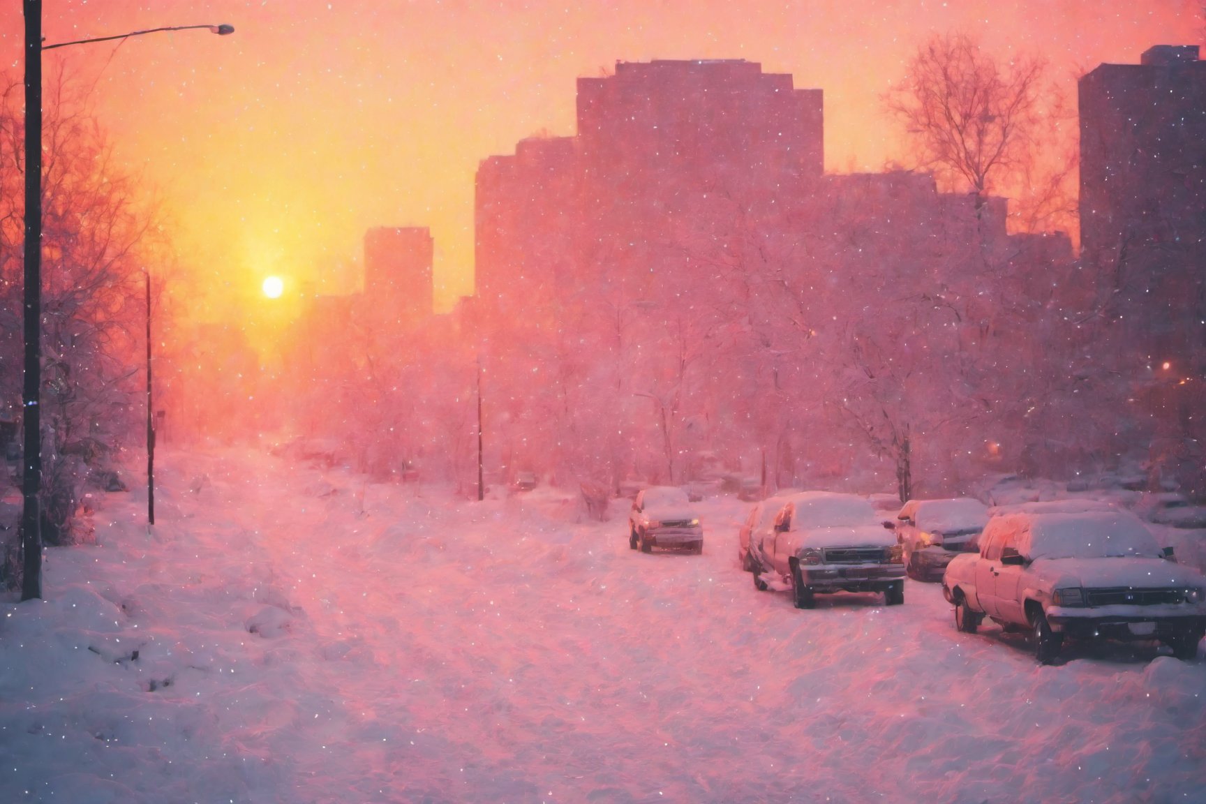 photo in the style of dreamypetra of a snowy city a the sunset 