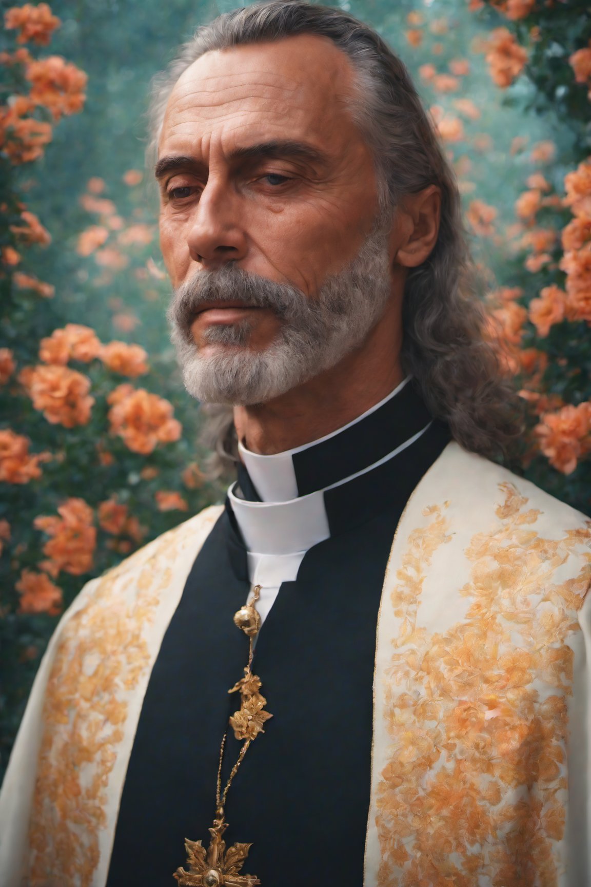 photo of a male priest , realistic ,((photo in the style of dreamypetra:1.2)) 