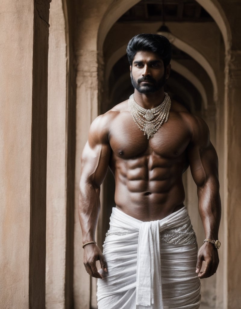 8K masterpiece, photograph, 1man, Indian man, extremely handsome, shirtless:1.5, (very hairy chest):1.5, muscular:1.3, (majestic turban with (prominent jewel)):1.5, (white dhoti with (jewel pin)):1.5, (big intricate silver necklace with lace-like pattern):1.5, confident stance, thoughtful expression, embodying traditional Indian masculinity, full body, realistic skin, photographic, (best quality):1.5
,Sexy Muscular