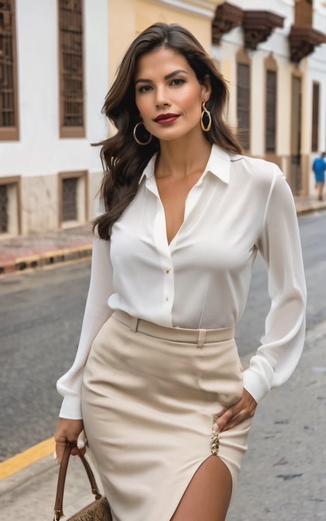Photorealistic, best quality, hyper-detailed, elegant white Latina woman, wavy shoulder-length dark brown hair cut in a mullet style, 45 years old, wearing a white long-sleeved blouse, knee-length blue pencil style skirt heavy linen, black bra, nude nylon pantyhose, black formal shoes, earrings, medium build body, wide hips, nice thick legs, slim waist, small lips, thin lips, small round nose, serious expression, small thin lips, lips painted red, subtle smile, long nails painted red, brown eyes, walking towards the viewer along the sidewalk of a street in a colonial-style city in Ecuador, in realistic style, full-length image, full image, very realistic, a subtle touch of glamour, perfect hands, gold necklace, earrings, ring, watch, black purse hanging on the shoulder, full body shot photo, skin texture, film grain, ultra high resolution, best shadow, RAW, instagram LUT
