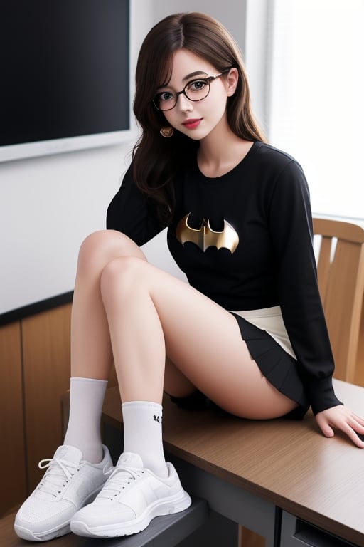 Sexy waifu real in japanesee anime style, in black tenis mini skirt, black Batman shirt, net nylon panty, white sport shoes, sit on desk, drawing in a ipad, with glasses, two legs, two arms, middle brown hair, five fingers