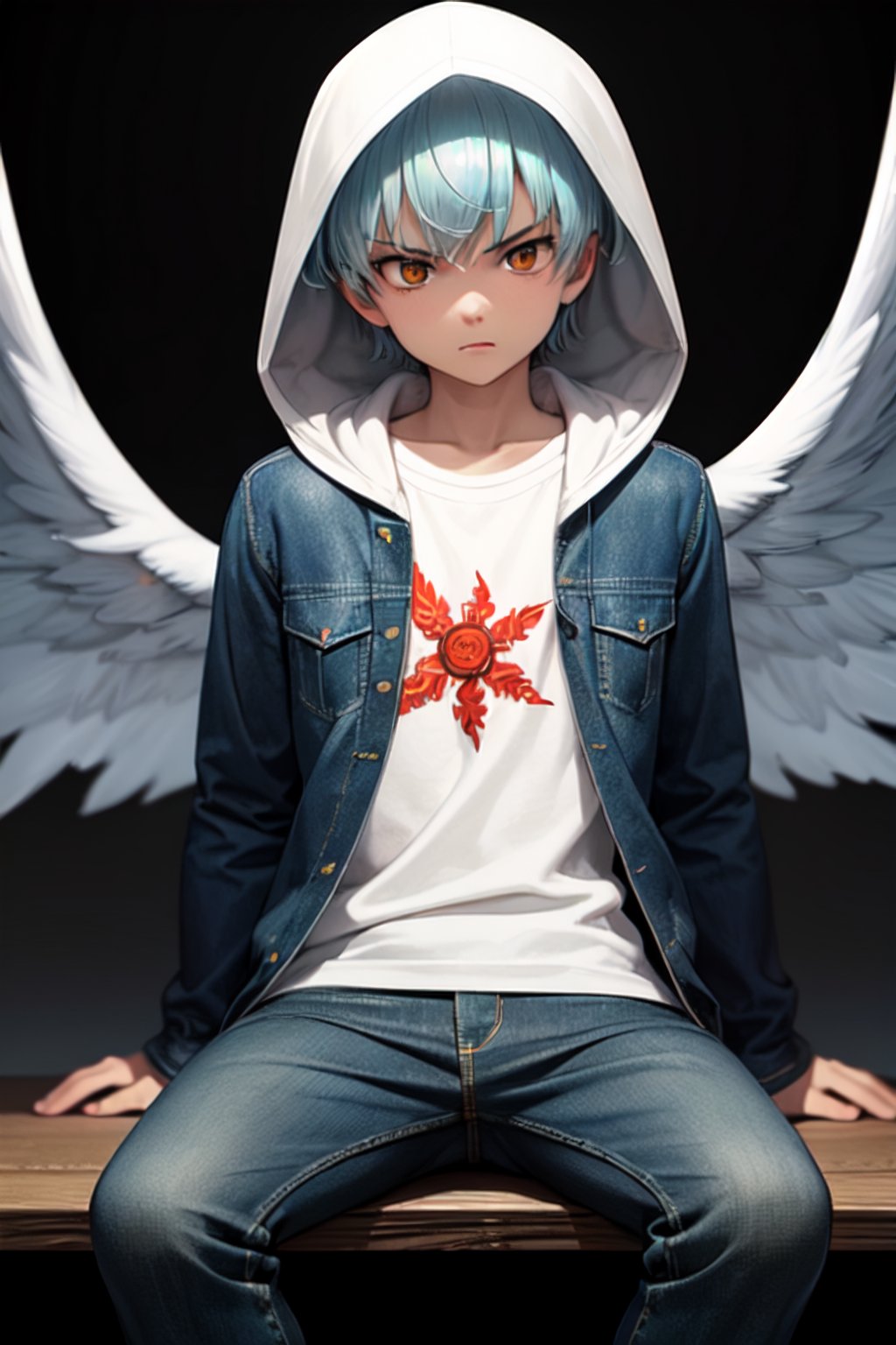 masterpiece, best quality, ultra-detailed, illustration, 1boy, solo, male focus, looking at viewer, depth of field, , sariel_nanatsu_no_taizai, , ,hooded_jacket, sitting_down, dark background, sword, serious face, jeans, white_wings