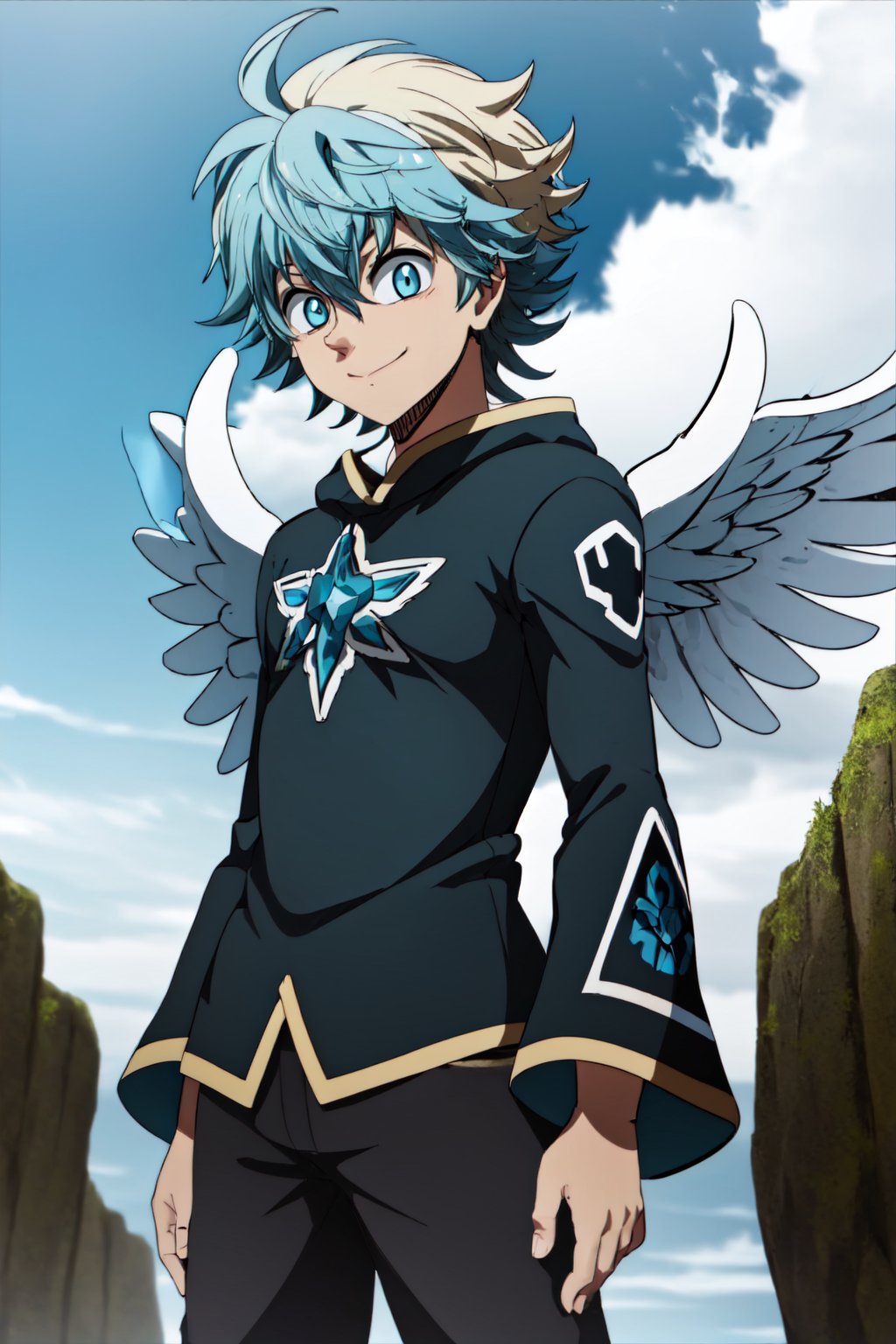 masterpiece, best quality, high quality, 1boy, solo, male focus, looking at viewer, lightingbolts_behind, sariel_nanatsu_no_taizai, luck_voltia, blonde hair,blue eyes,hair between eyes, cowboy_shot, giant electric wings, blue hair, short_pants, sleeves, toned_male